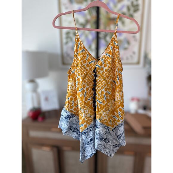NWT THML Tasseled Front Handkerchief Hem Tank Top Yellow Blue Womens Size Large - Picture 7 of 9